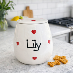 Personalised Love Heart Slanted Dog Bowls and Treat Jar Set