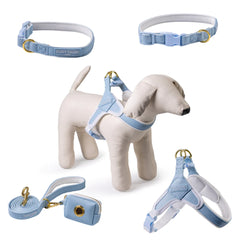 Baby Blue Vegan Leather Harness, Dog Collar, Lead and Poo Bag Holder Complete Set