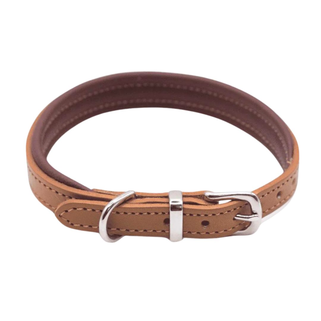 Luxury Padded Leather Dog Collar Tan & Merlot by Dogs & Horses