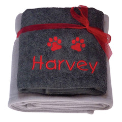 Personalised Dog Towel And Fleece Blanket Gift Set Grey