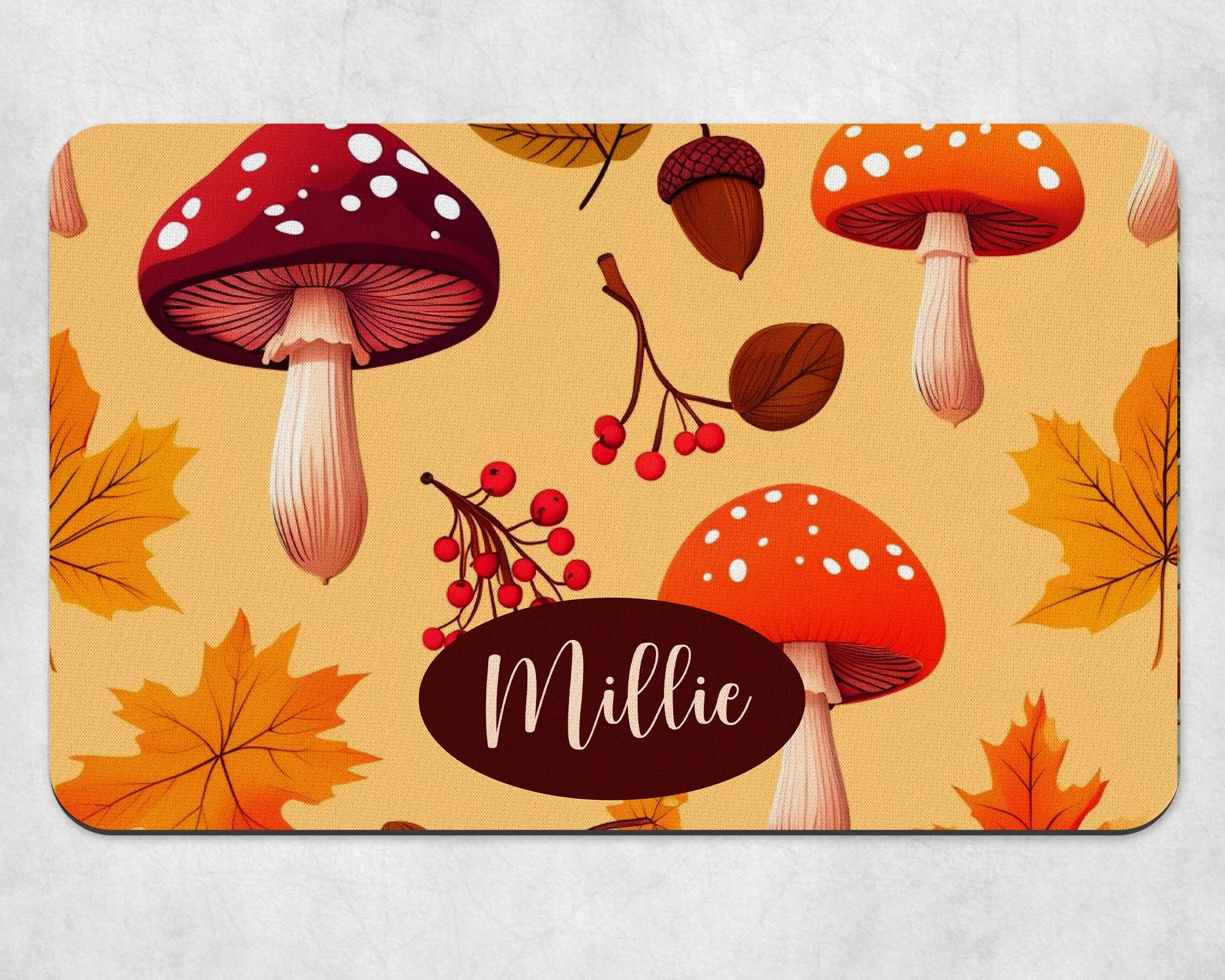 Personalised Autumn Mushrooms & Acorns Dog Bowl Placemat