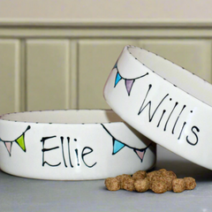 Two ceramic pet bowls with names 'Ellie' and 'Willis' on a neutral background