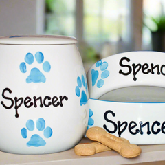 Personalised Ceramic Paw Print Dog Bowls & Treat Jar Set