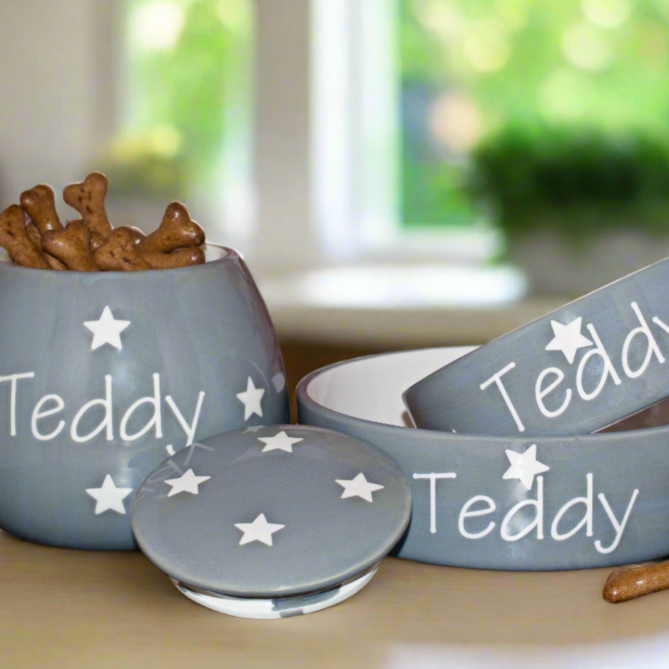 Personalised Ceramic Polka Dots Dog Bowls & Treat Jar Set