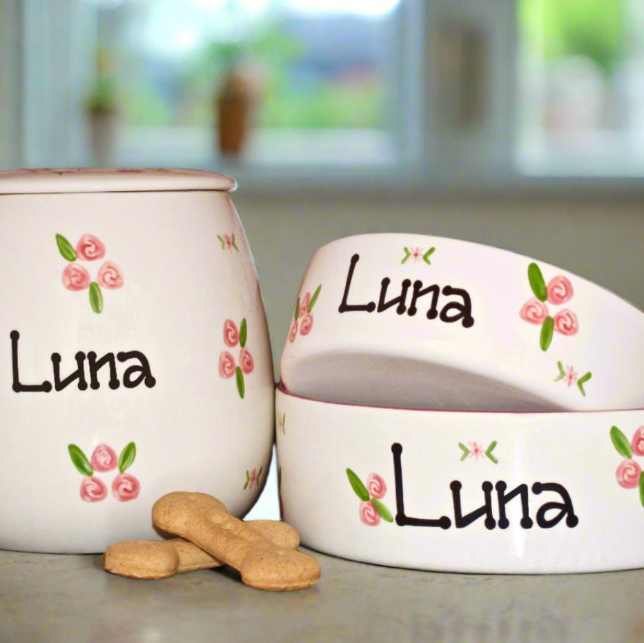 Personalised Ceramic Roses Dog Bowls & Treat Jar Set
