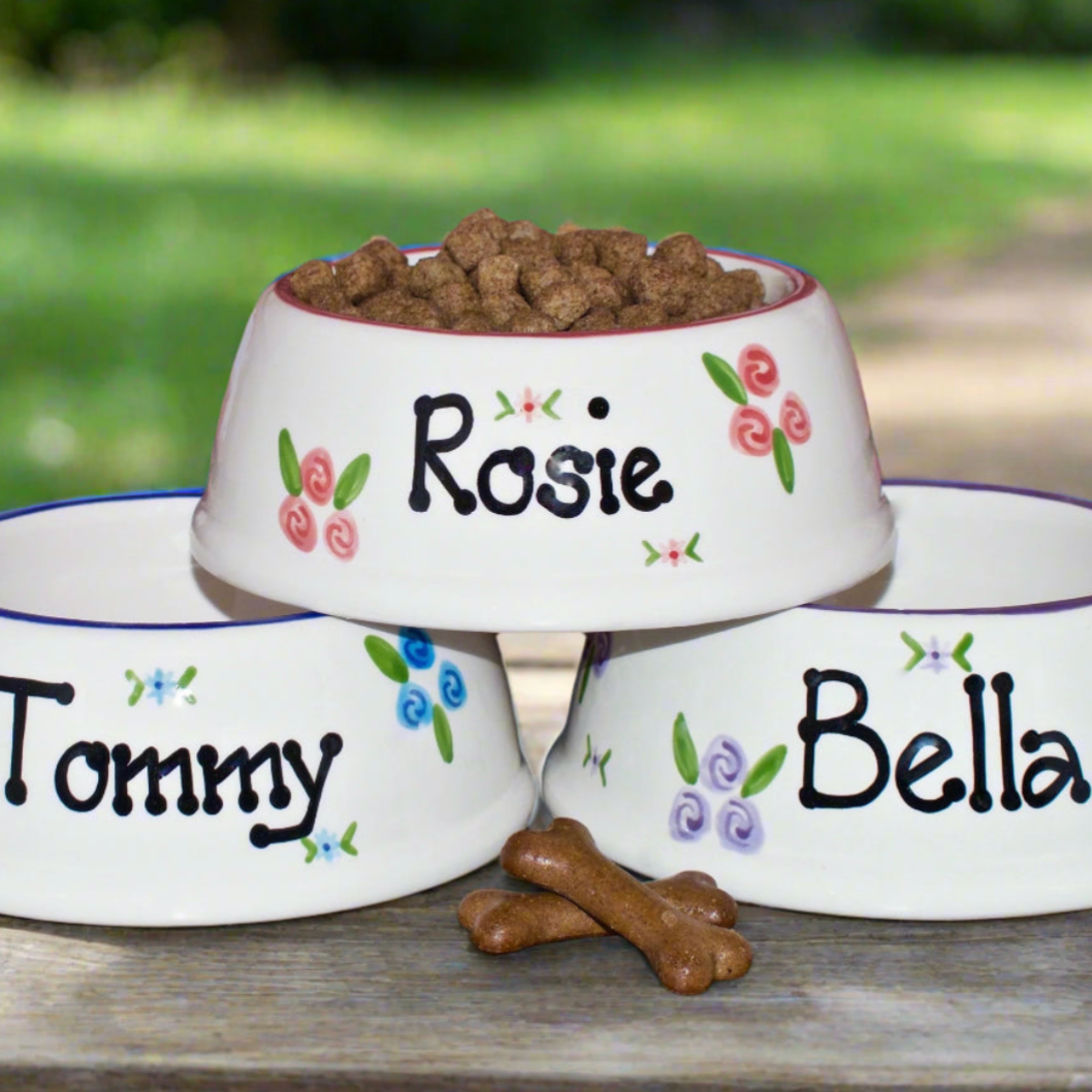 Personalised Ceramic Slanted Roses Dog Bowls