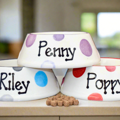 Three polka dot pet bowls with names 'Penny', 'Riley', and 'Poppy' on a kitchen counter.
