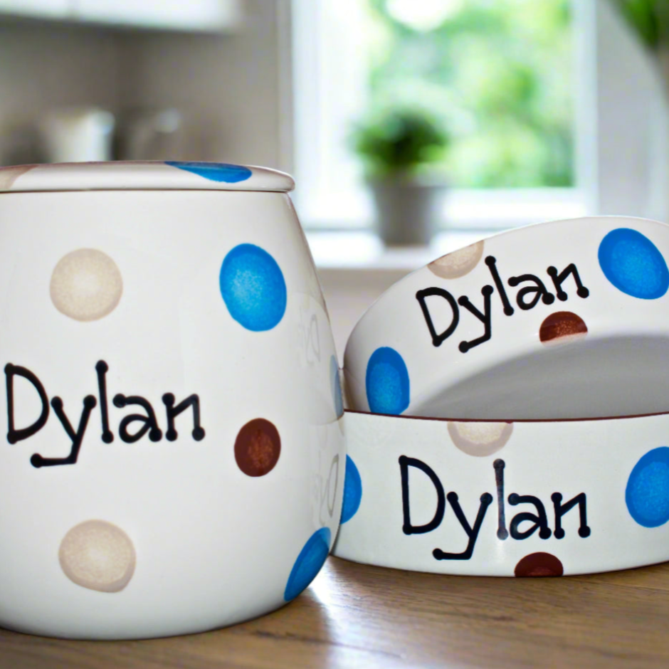 Personalised Ceramic Spotty Dog Bowls & Treat Jar Set