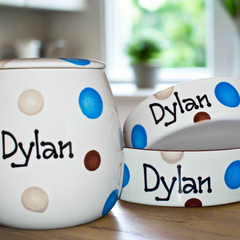 Personalised Ceramic Spotty Dog Bowls & Treat Jar Set