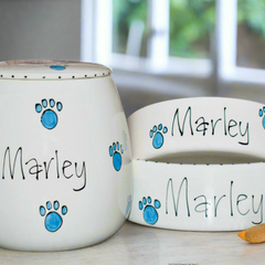 Personalised Ceramic Whimsical Dog Bowls & Treat Jar Set