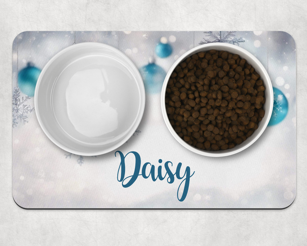 Personalised Christmas Blue Baubles Dog Bowl Placemat