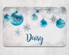 Personalised Christmas Blue Baubles Dog Bowl Placemat