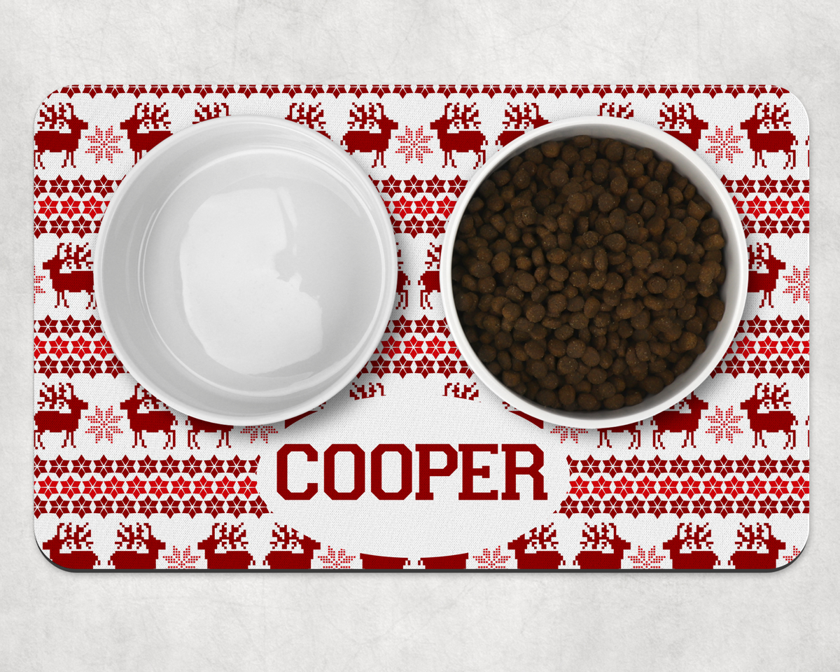 Personalised Christmas Jumper Reindeer & Snowflakes Dog Bowl Placemat