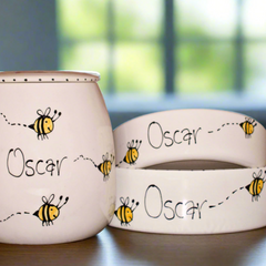 Personalised Dog Bowls And Treat Jar Set In Busy Bee Design