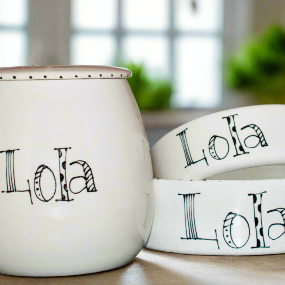 Personalised Dog Bowls And Treat Jar Set In Doodle Design