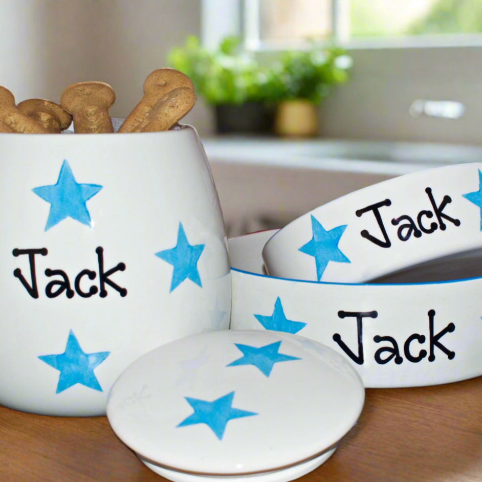 Personalised Dog Bowls And Treat Jar Set In Star Design