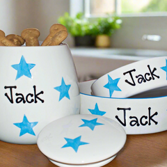 Personalised Dog Bowls And Treat Jar Set In Star Design