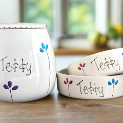 Personalised Dog Bowls and Treat Jar Set In Petal
