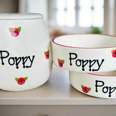 Personalised Dog Bowls and Treat Jar Set In Poppy Design