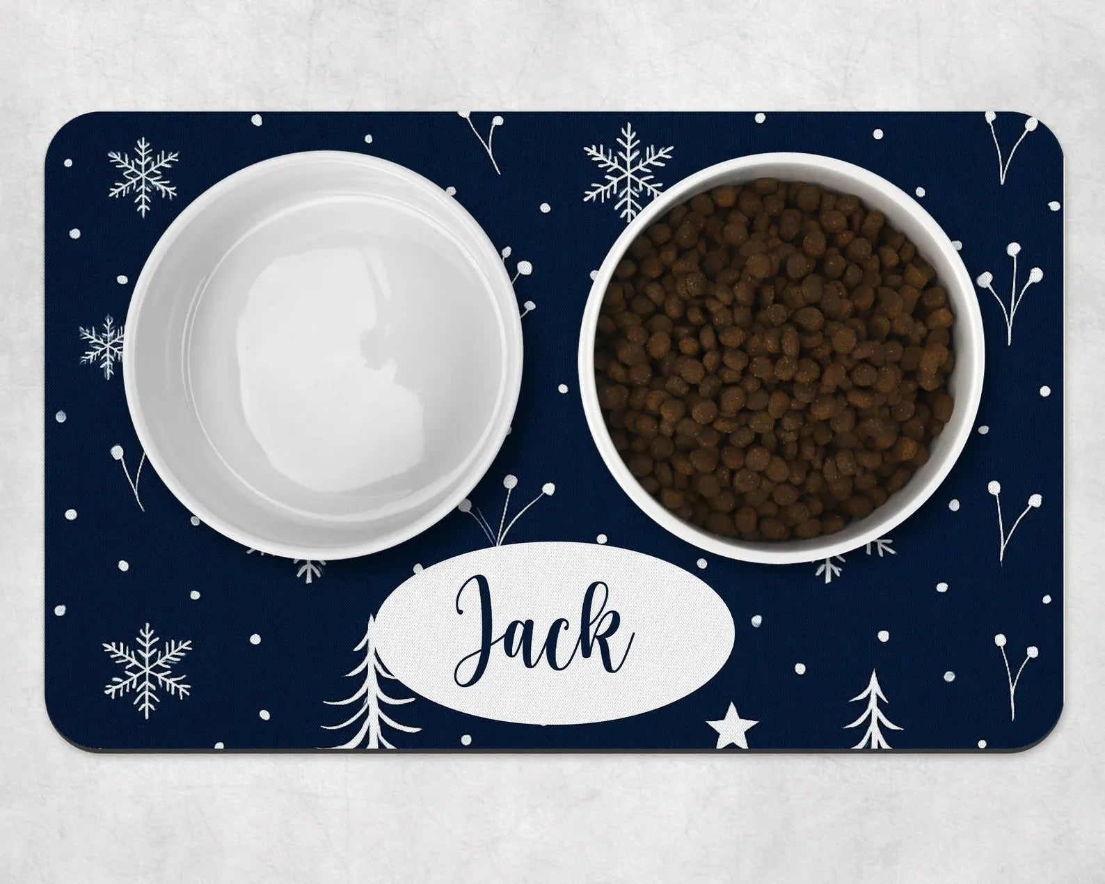 Personalised Festive Tree and Snowflake Dog Bowl Placemat - Blue