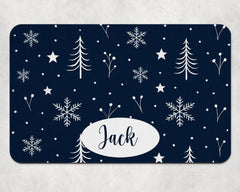 Personalised Festive Tree and Snowflake Dog Bowl Placemat - Blue
