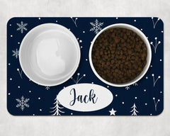 Personalised Festive Tree and Snowflake Dog Bowl Placemat - Blue