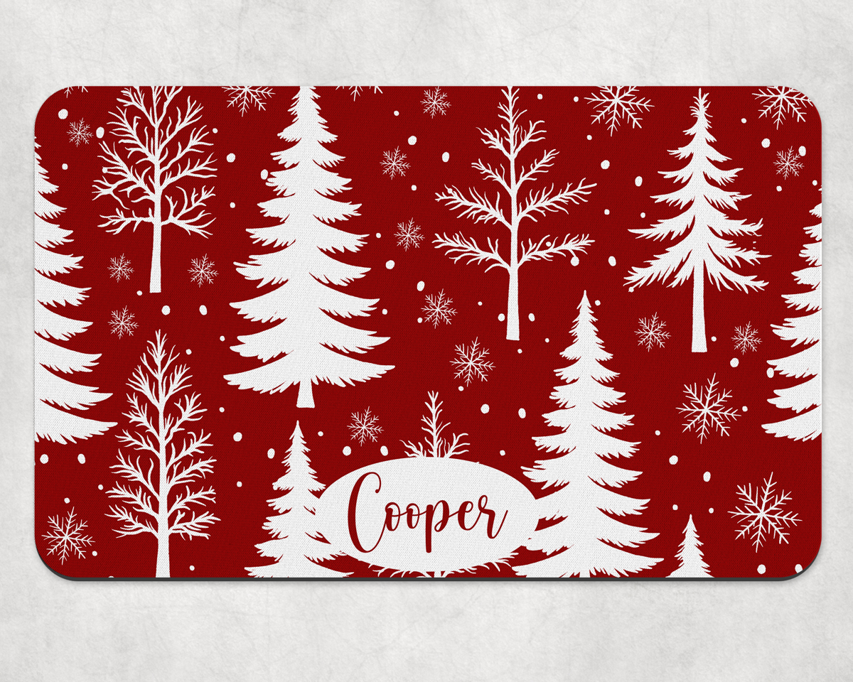 Personalised Festive Tree and Snowflake Dog Bowl Placemat - Maroon Red
