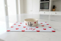 Personalised Heart Confetti Dog Bowl and Mat Set