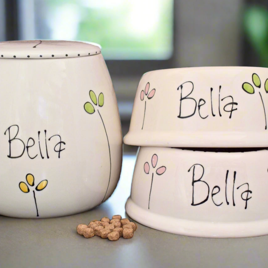 Personalised Petal Design Slanted Dog Bowls and Treat Jar Set