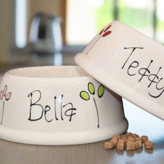 Two ceramic pet bowls with names 'Bella' and 'Teddy' on a kitchen counter.