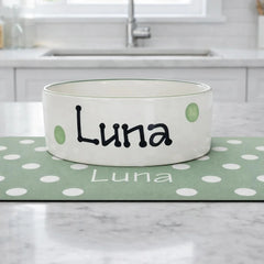 Personalised Polka Dot Dog Bowl and Mat Set