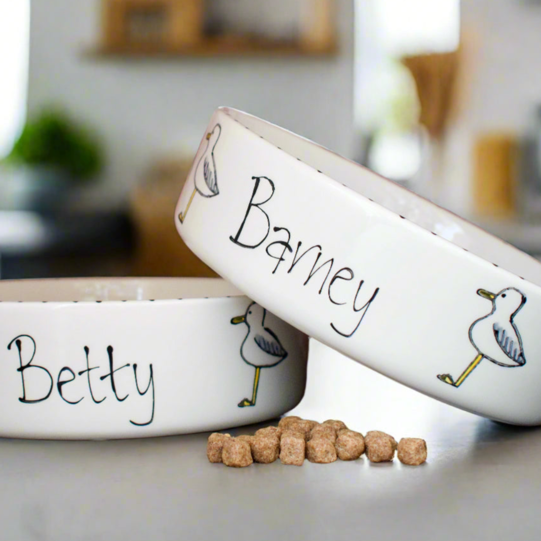 Two ceramic pet bowls with 'Betty' and 'Barney' engraved on them, placed on a kitchen counter.