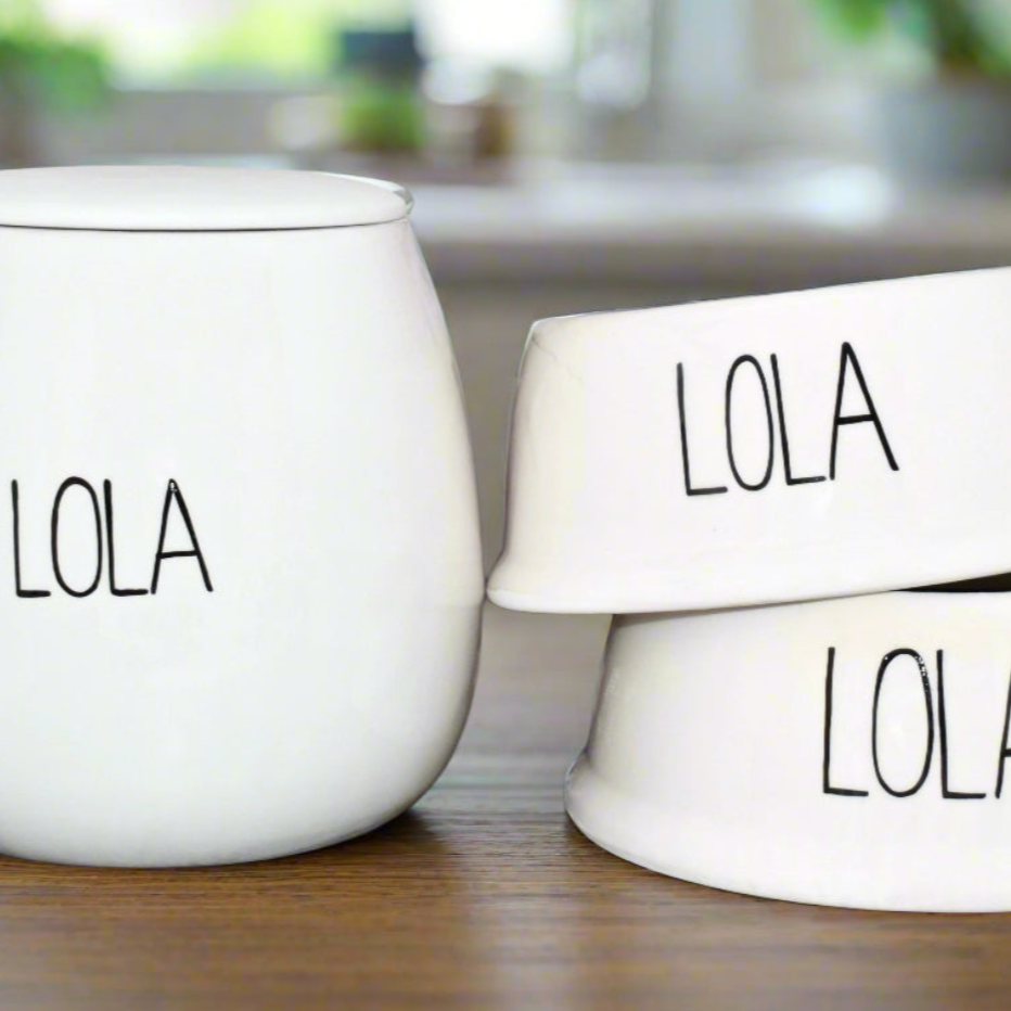 Personalised Skinny Font Slanted Dog Bowls And Treat Jar Set