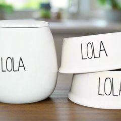 Personalised Skinny Font Slanted Dog Bowls And Treat Jar Set