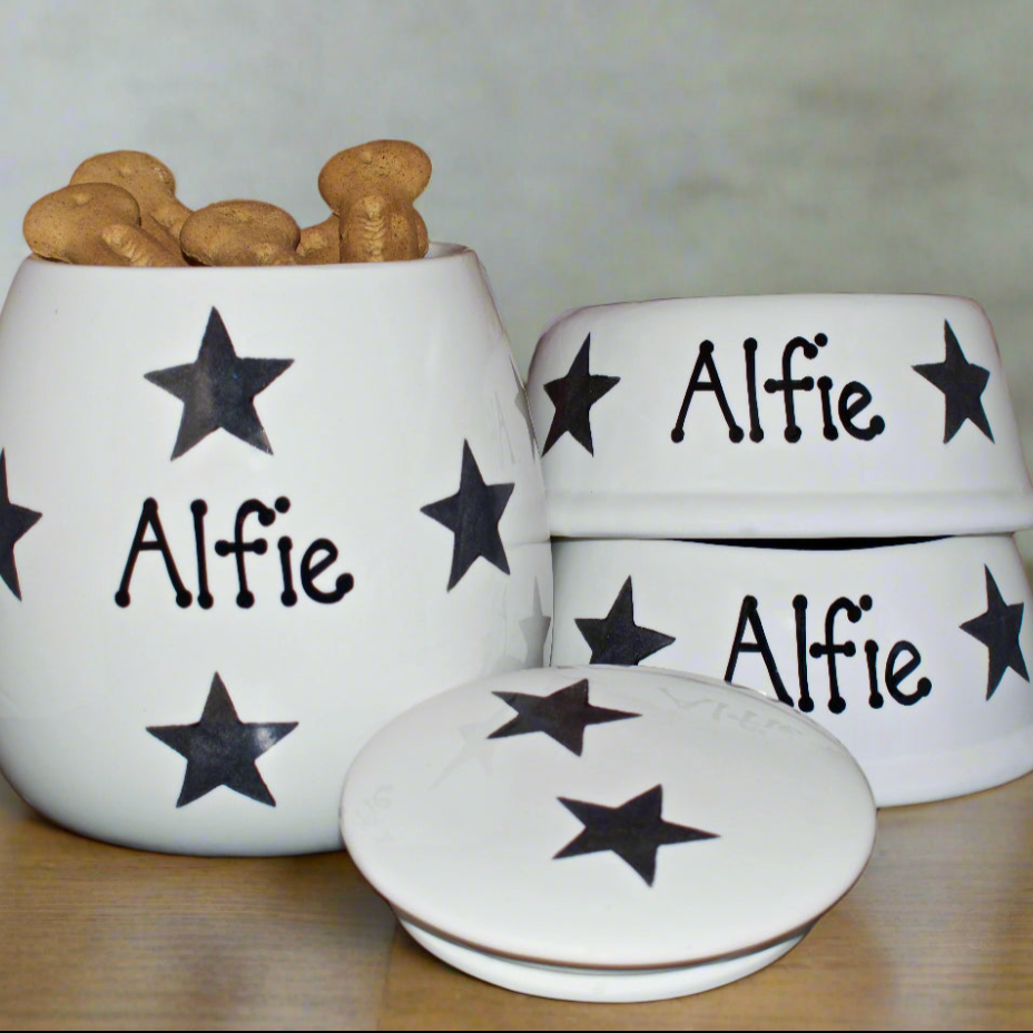 Personalised Slanted Dog Bowls And Treat Jar Set In Star Design