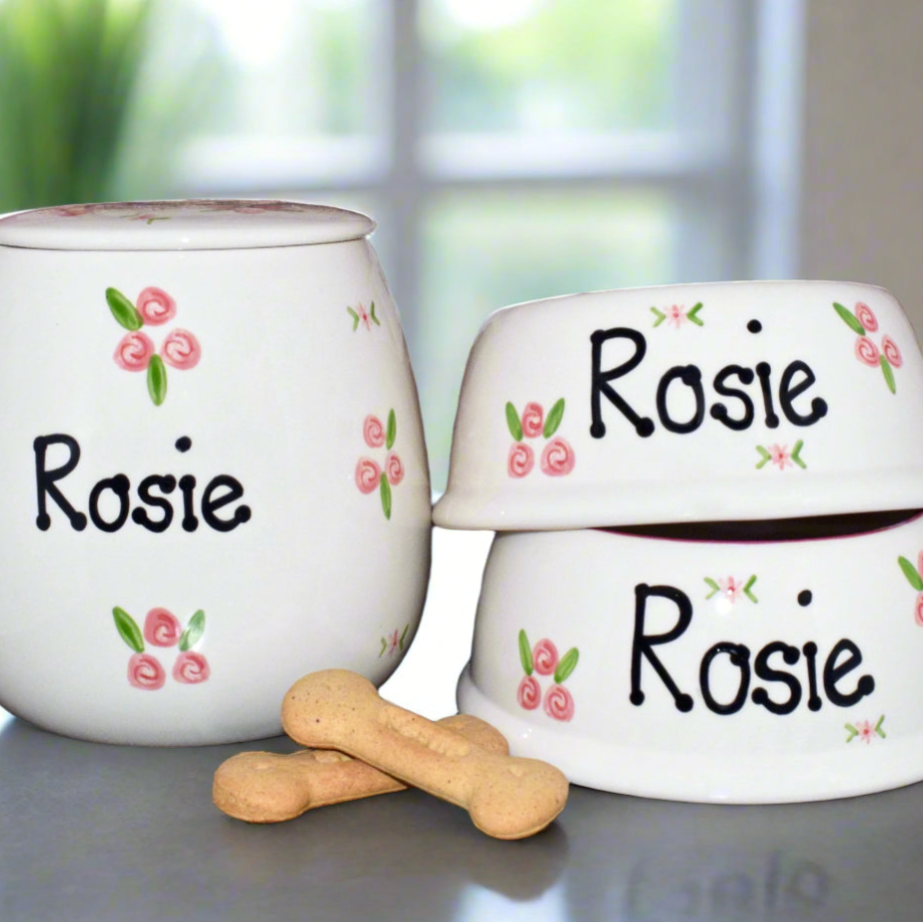 Personalised Slanted Roses Dog Bowls And Treat Jar Set