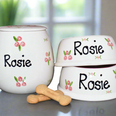 Personalised Slanted Roses Dog Bowls And Treat Jar Set