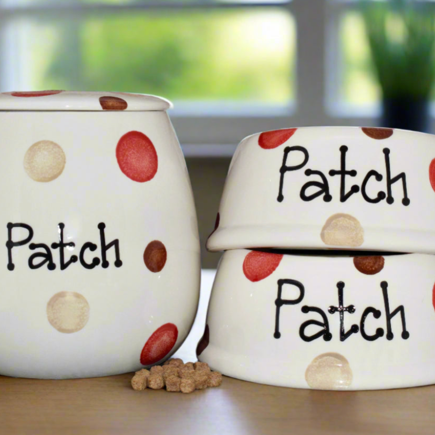Personalised Slanted Spotty Dog Bowls And Treat Jar Set