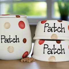 Personalised Slanted Spotty Dog Bowls And Treat Jar Set