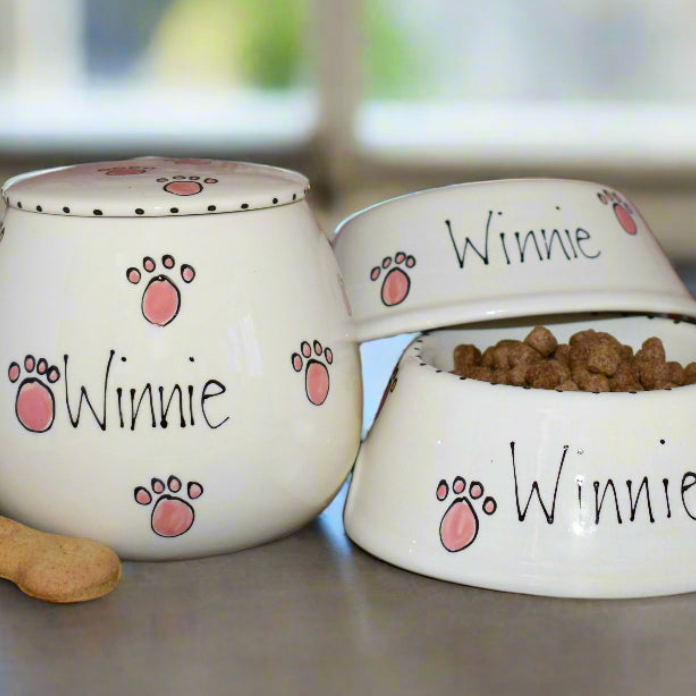 Personalised Slanted Whimsical Dog Bowls And Treat Jar Set