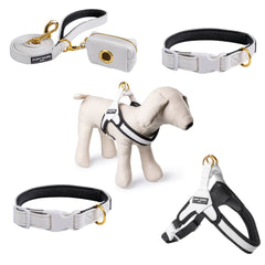 White Vegan Leather Harness, Dog Collar, Lead and Poo Bag Holder Complete Set