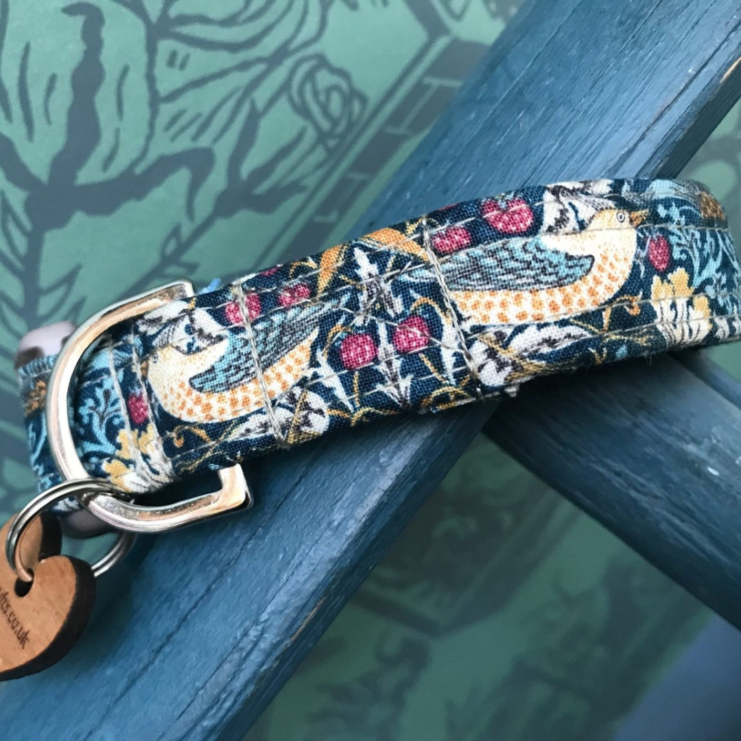 William Morris Strawberry Thief Dog Collar in Petrol