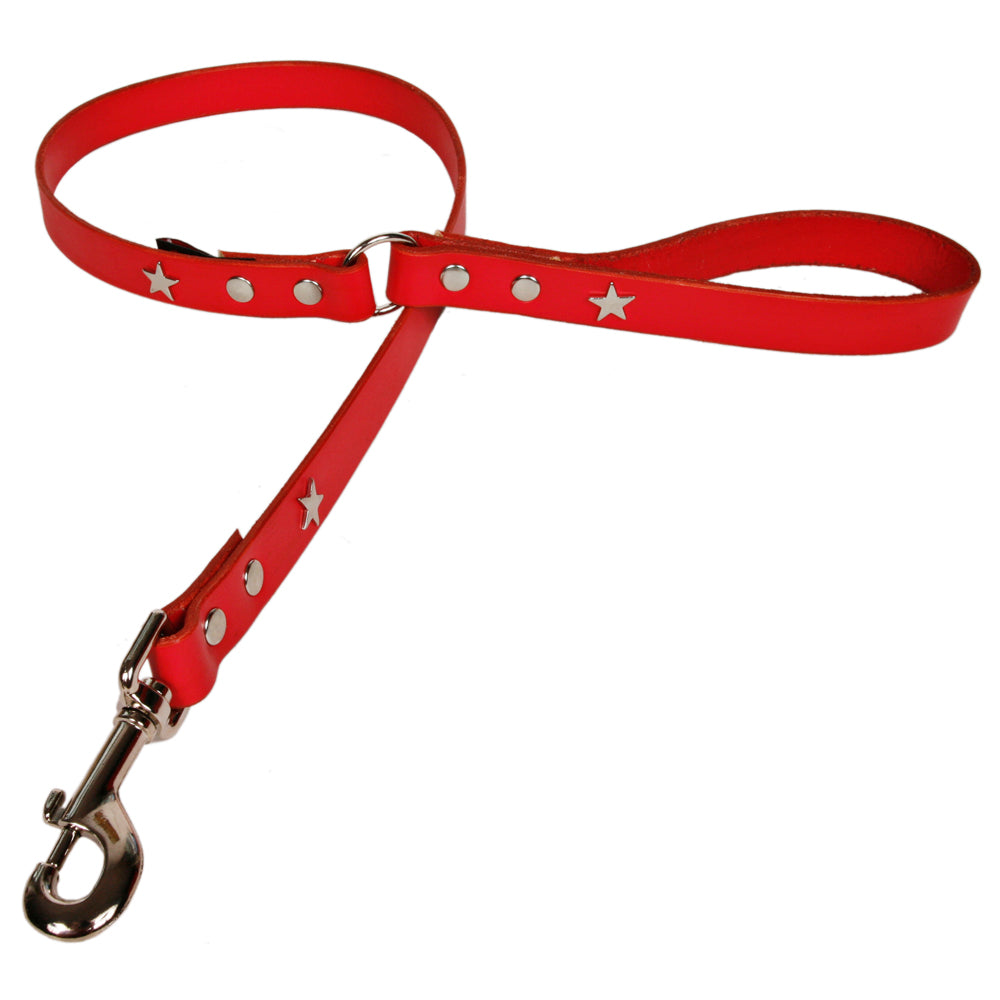 Creature Clothes Red Leather Dog Lead With Silver Stars