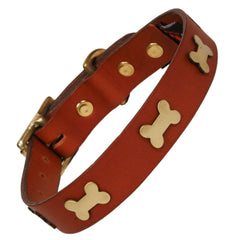 Creature Clothes Tan Leather Dog Collar With Brass Bones