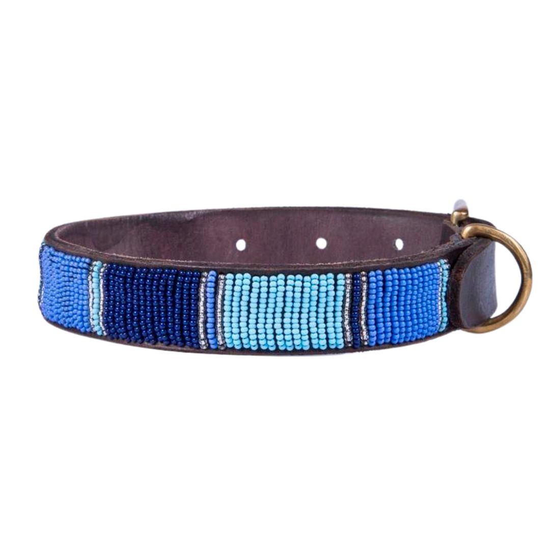 Designer Beaded Leather Dog Collar Blue Lagoon