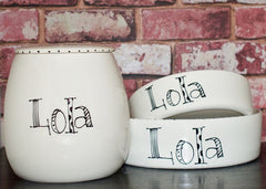 Personalised Dog Bowls And Treat Jar Set In Doodle Design