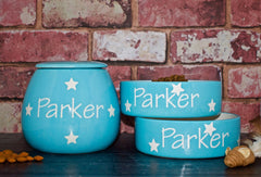 Personalised Ceramic Polka Dots Dog Bowls & Treat Jar Set