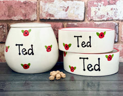 Personalised Dog Bowls and Treat Jar Set In Poppy Design