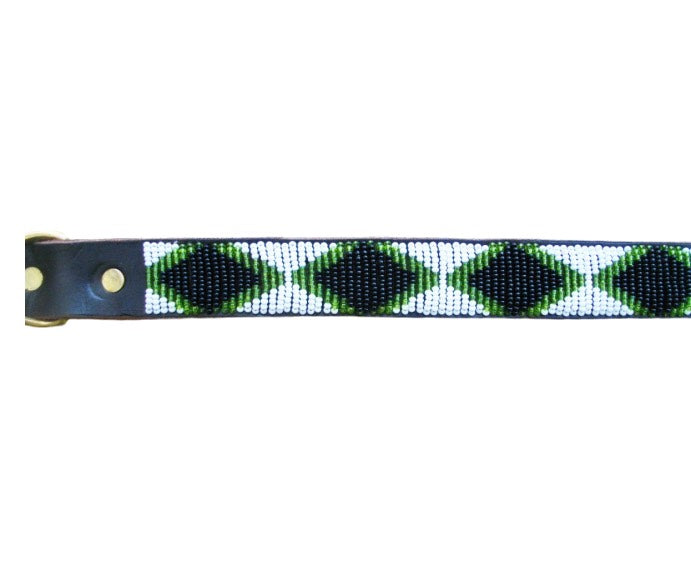 Designer Beaded Leather Dog Collar Nyoki Green Diamonds