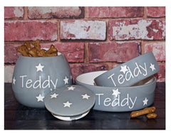 Personalised Ceramic Polka Dots Dog Bowls & Treat Jar Set
